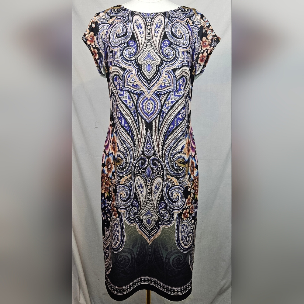 ECI Paisley Print Cap Sleeve‎ Sheath Dress Multicolor Sz 12 Maximalist Feminine